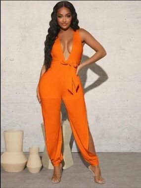 Sexy Plunging Criss Cross Backless Split Belted Jumpsuit, Sz S